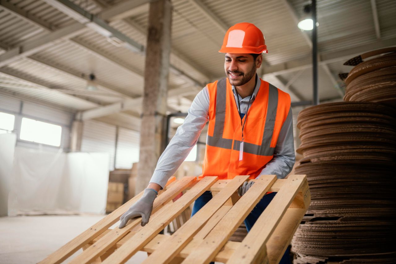 Employé en gilet de sécurité et casque manipulant une palette en bois dans un entrepôt.