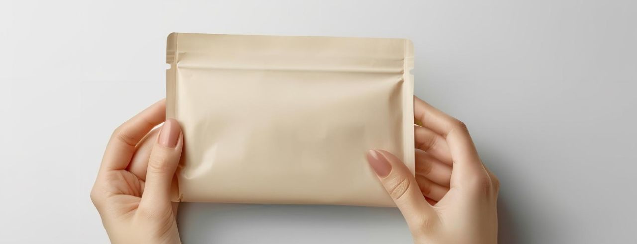 Sachet refermable beige tenu à deux mains, idéal pour l'emballage sécurisé de produits.