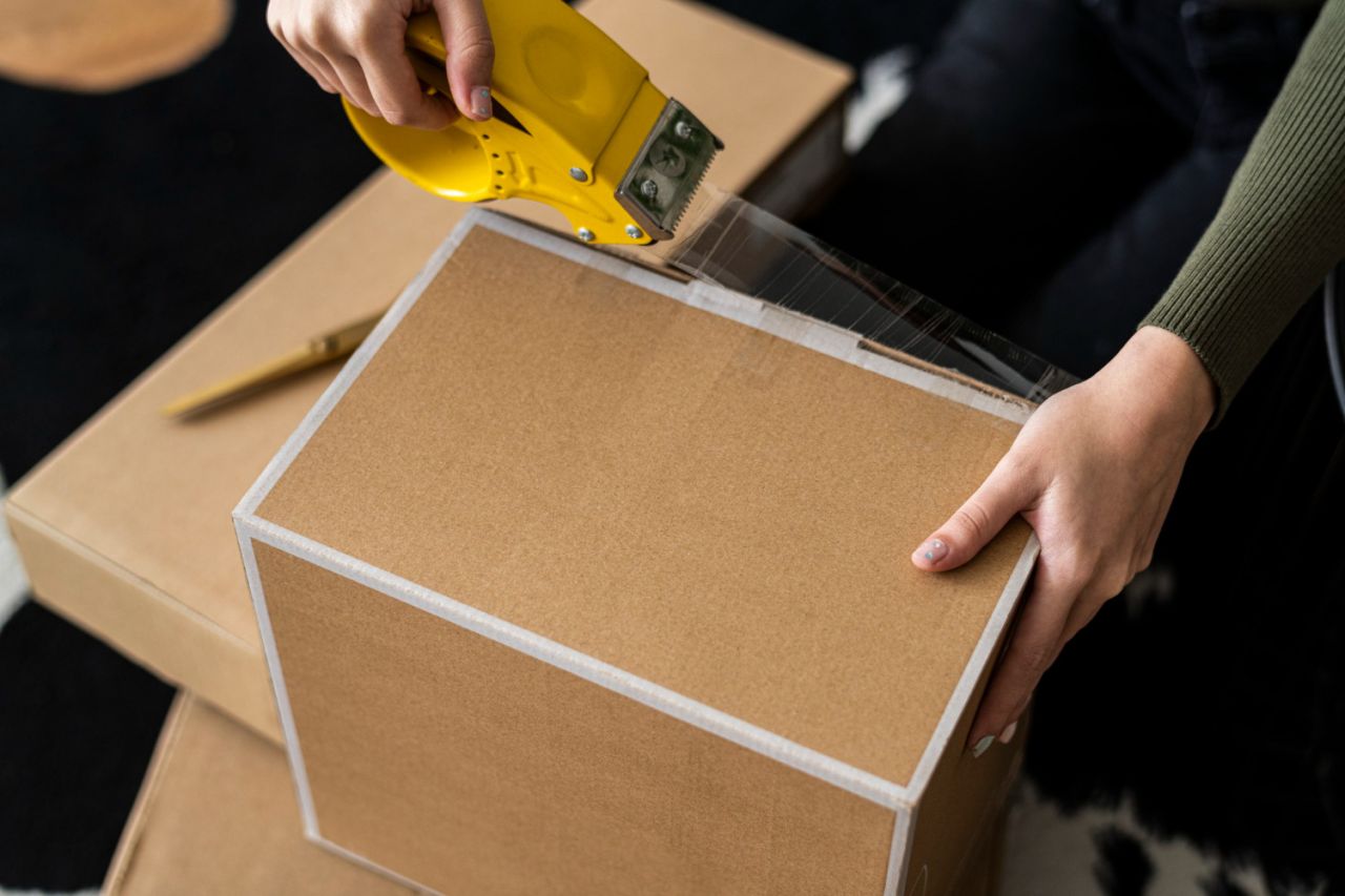 Personne scellant une boîte en carton avec du ruban adhésif pour l'emballage de produits industriels.